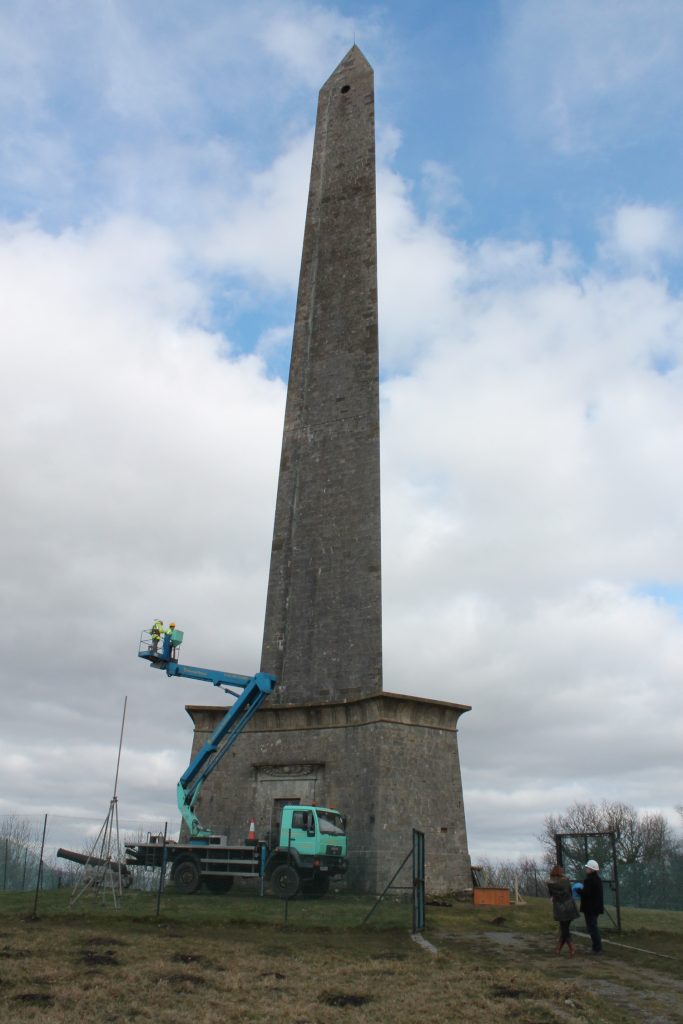 Erecting lower anemometer at monument base